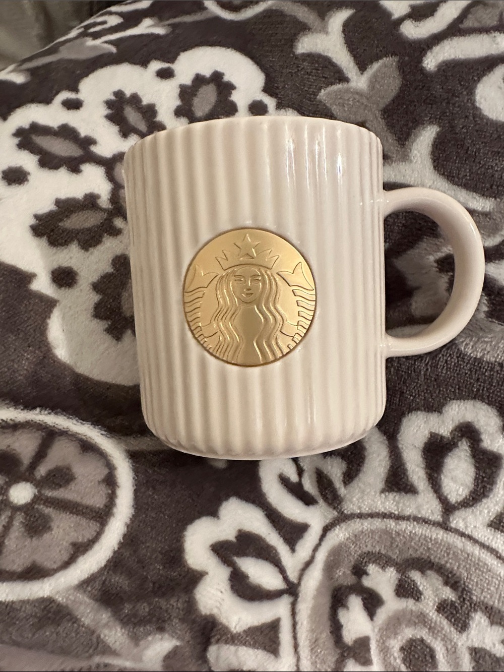 Starbucks Cream Ribbed Ceramic Mug with Gold Seal